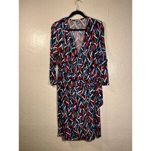 Anne Klein 16 Faux Wrap Dress Long Sleeve Multi-Color Work Wear 80's Vibes Party